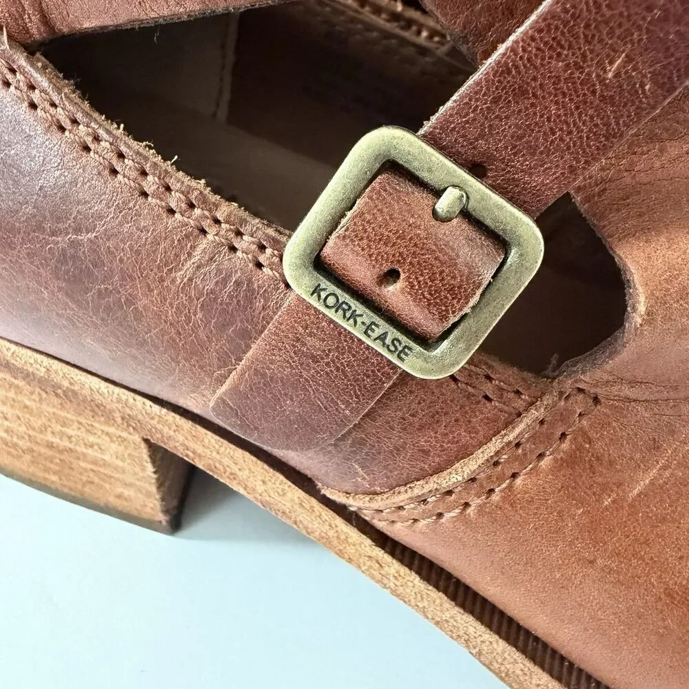 Kork-Ease Jardin Brown Leather Strappy Cut Out Ankle Booties Block Heel Size 8